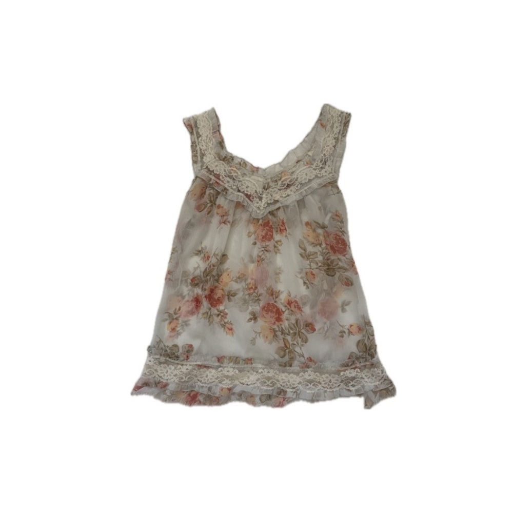 Vintage Passport floral lace babydoll top with a ruffle hem and lace trim